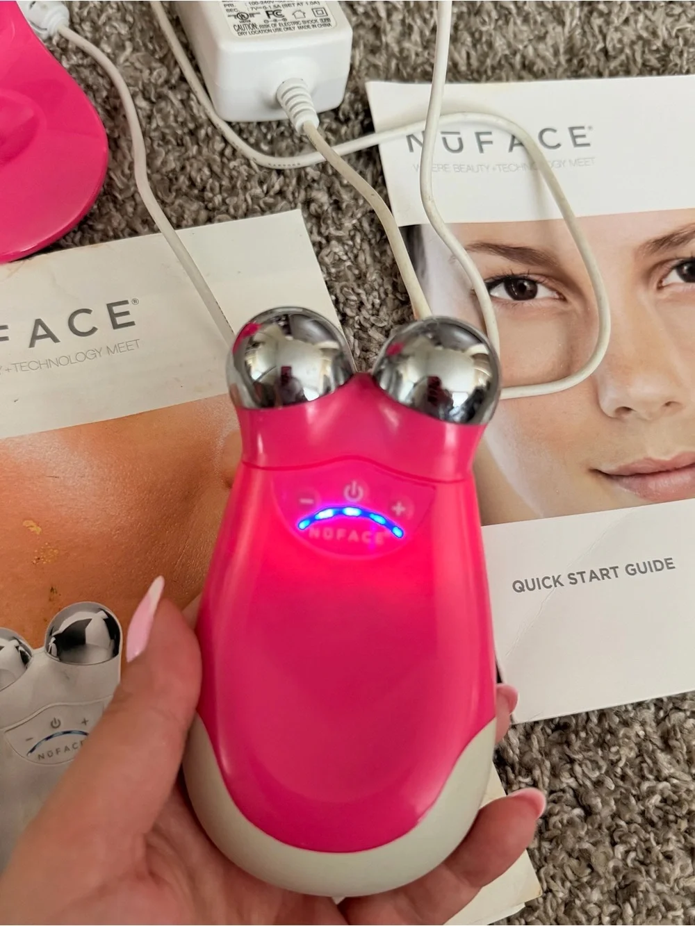 NuFACE Trinity Pink Facial Toning Device w/ Charging Stand, Adapter, Manuals